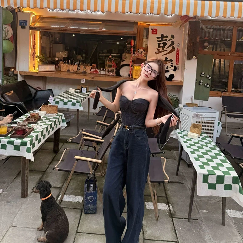 2025夏季新款ins辣妹纯欲外穿牛仔抹胸上衣女配高腰显瘦牛仔裤
