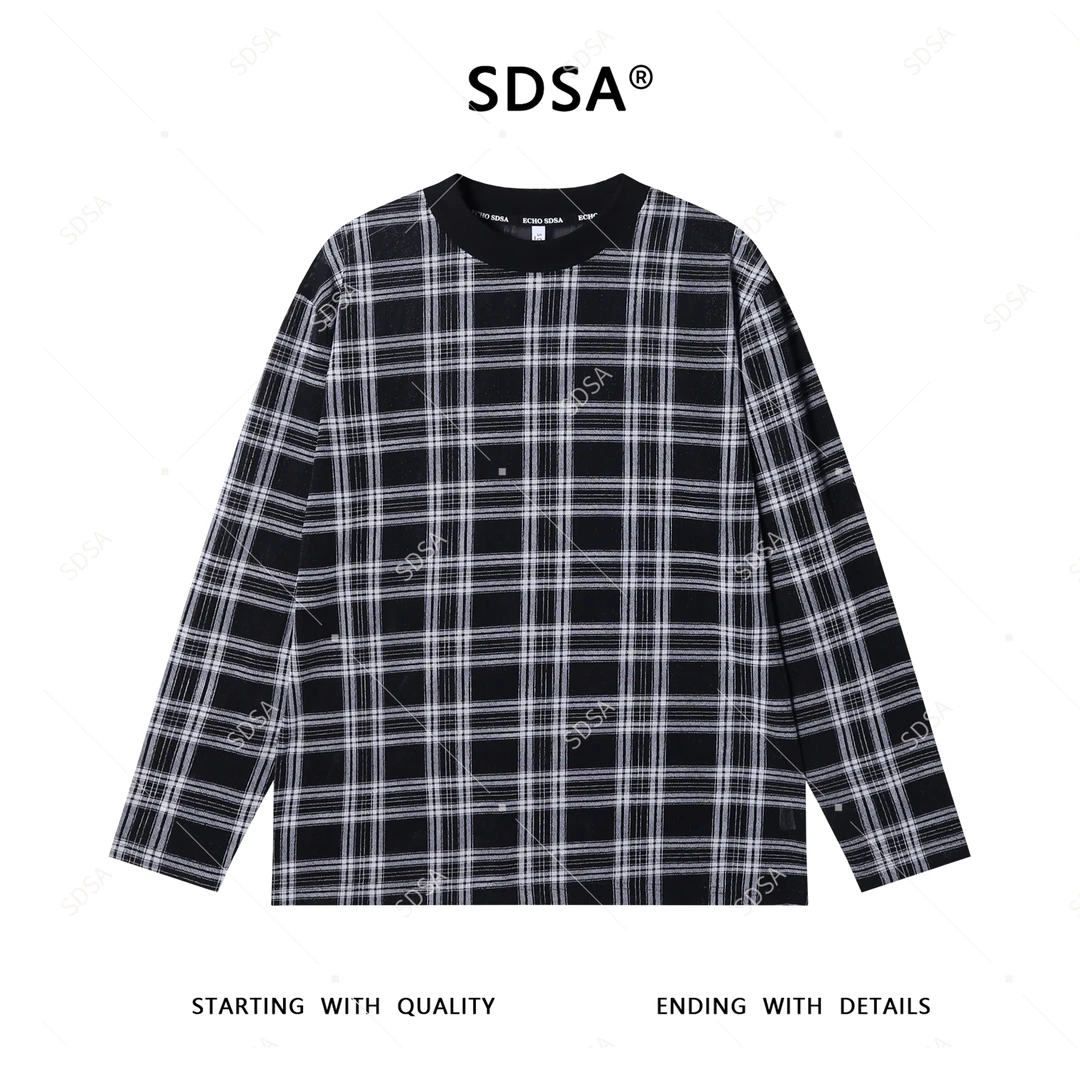 SDSA男士秋冬新款轻奢痞帅男装撞色格纹格子长袖T恤百搭圆领宽松
