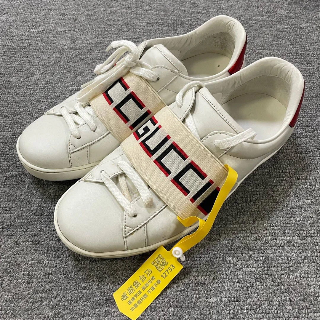 95新 GUCCI/古驰 ACE漆皮皮革条纹低帮时尚板鞋40.5码/12753