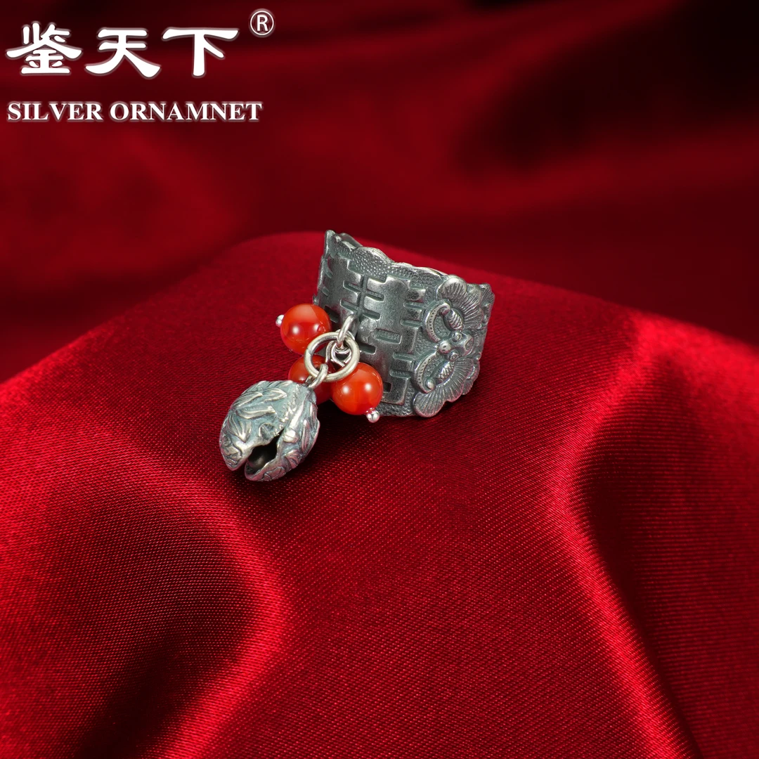 925银戒指 [鉴天下]复古双蝶好事连连铃铛开口戒指08200120纯手工