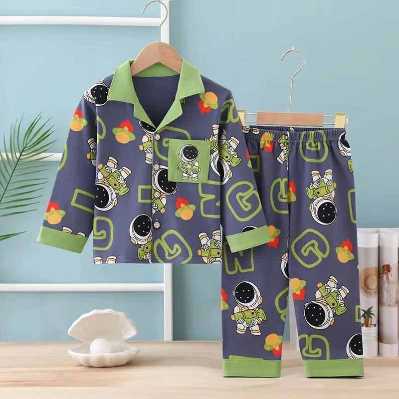 春秋纯棉小童中童睡衣时尚翻领开衫热销卡通男宝女宝家居服套装
