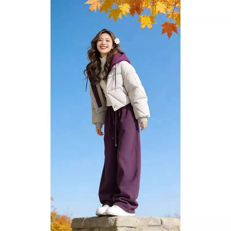 欧货2025年秋冬新款设计感小众撞色拼接短款连帽棉服外套裤子套装