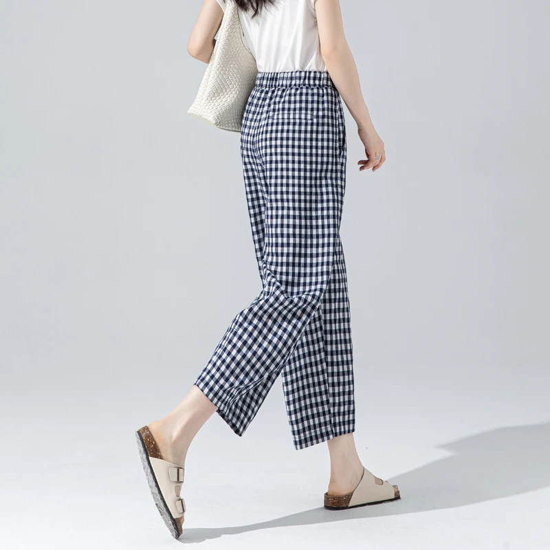 莱赛尔天丝阔腿裤女2025新款亚麻镰刀裤女夏薄款松紧腰九分格子裤
