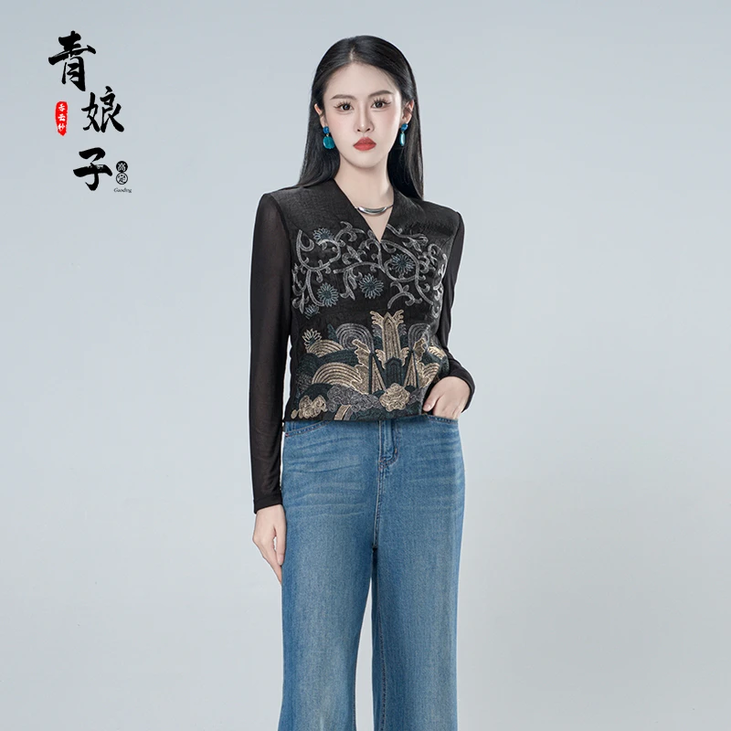 青娘子-（浣溪）黑龟拼接针织网纱新中式气质修身时尚短款上衣61109