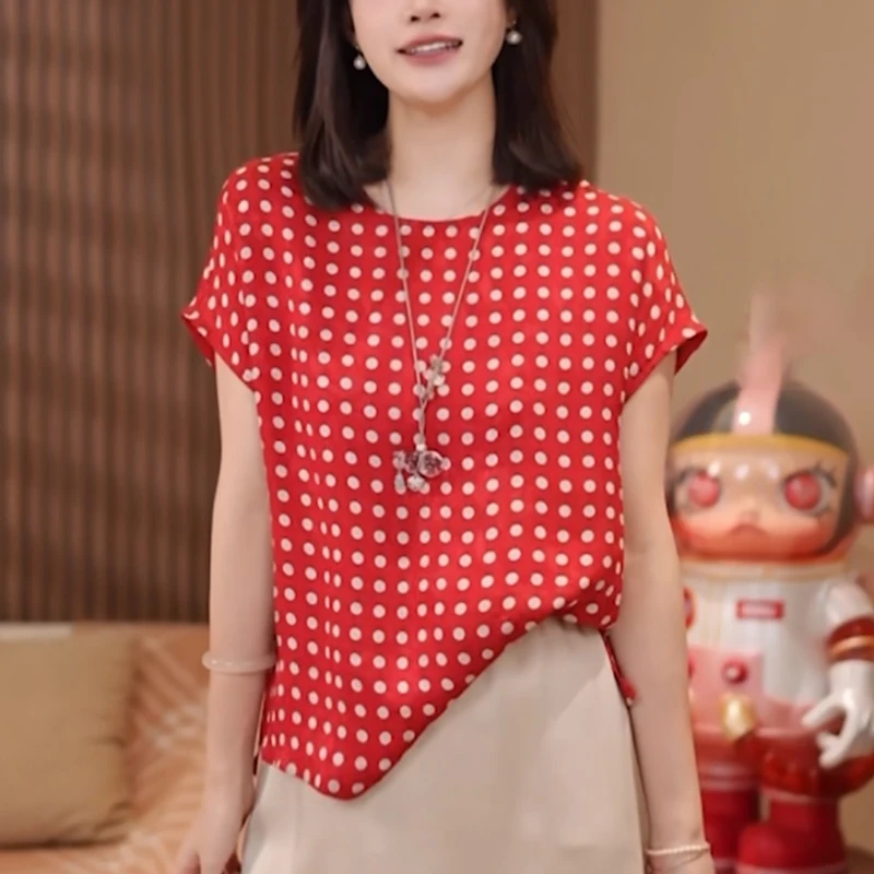 2025夏季新款红色波点女衬衫时尚显瘦减龄遮肚设计感休闲短袖