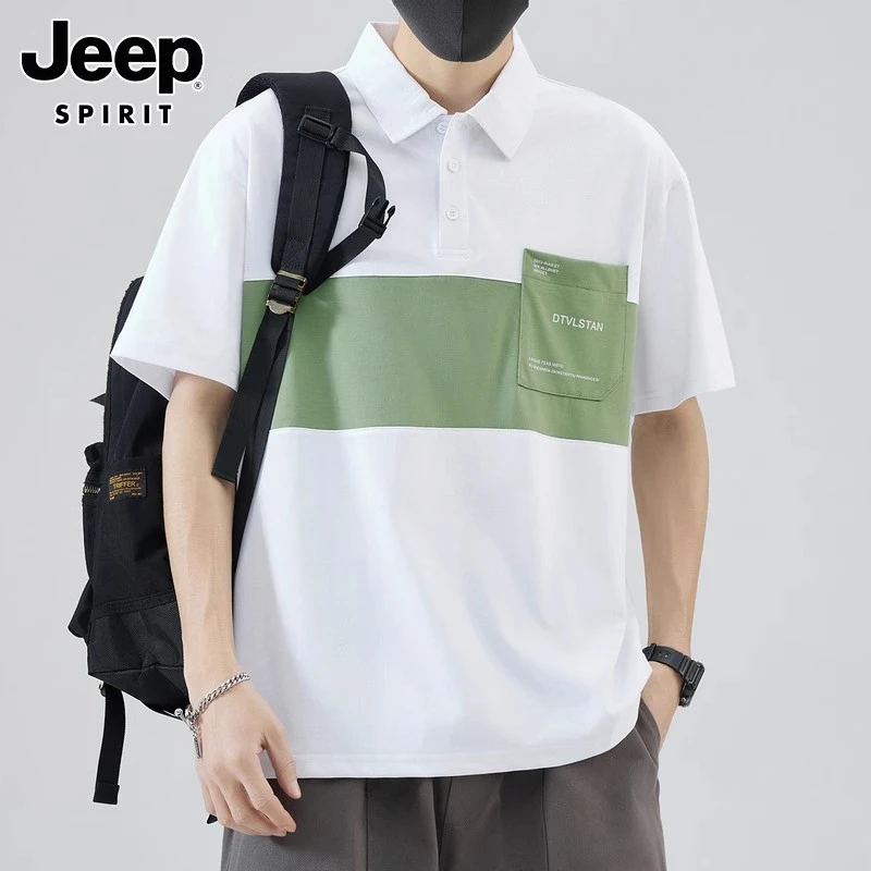 Jeep吉普薄款短袖t恤男士夏季青年拼色翻领潮流百搭休闲polo衫潮