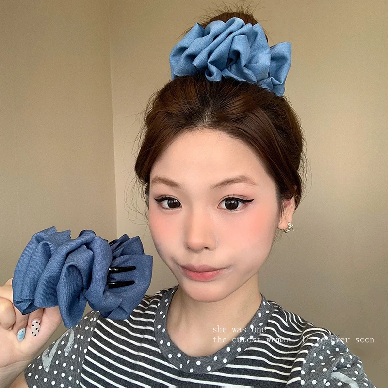 韩系牛仔泡泡蝴蝶结发夹女后脑勺丸子头发抓夹高马尾发量大鲨鱼夹
