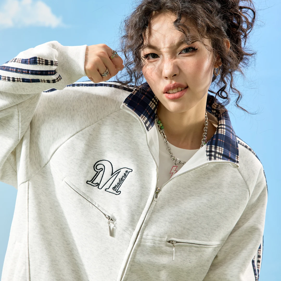 Nuthink美式格子拼接卫衣开衫外套男立领刺绣三条杠2025秋季新款