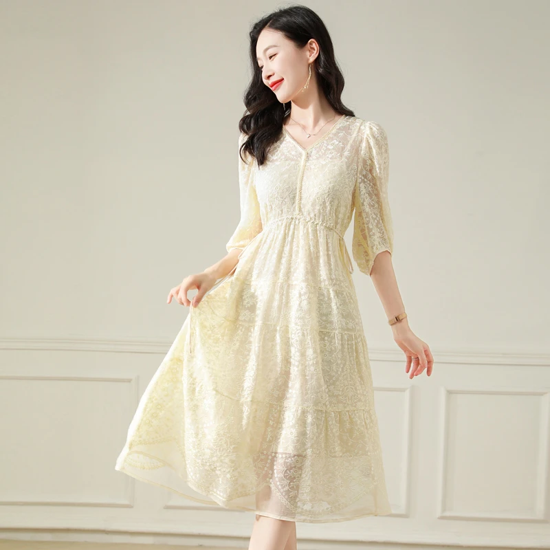 柏菲妮时尚真丝桑蚕丝连衣裙女夏装2025新款高端气质蕾丝收腰裙子