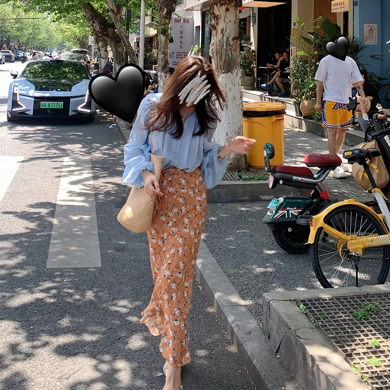 2025夏季新款时尚慵懒风薄款长袖上衣高腰百搭显瘦碎花半身裙套装