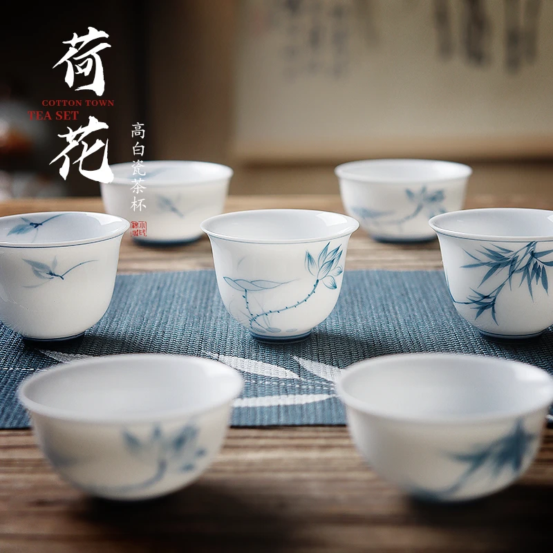 白瓷茶杯手工手绘功夫茶喝茶品茗小茶杯中式陶瓷套装3只6只10只