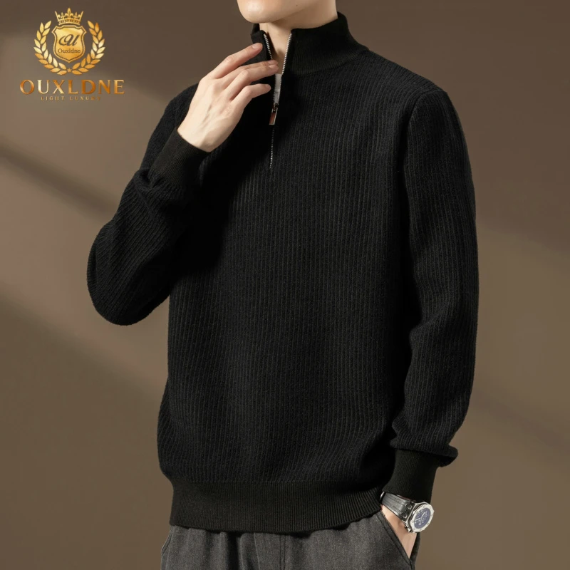 OUXLDNE半拉链立领毛衣男士冬季新款加厚复古慵懒风针织衫上衣服