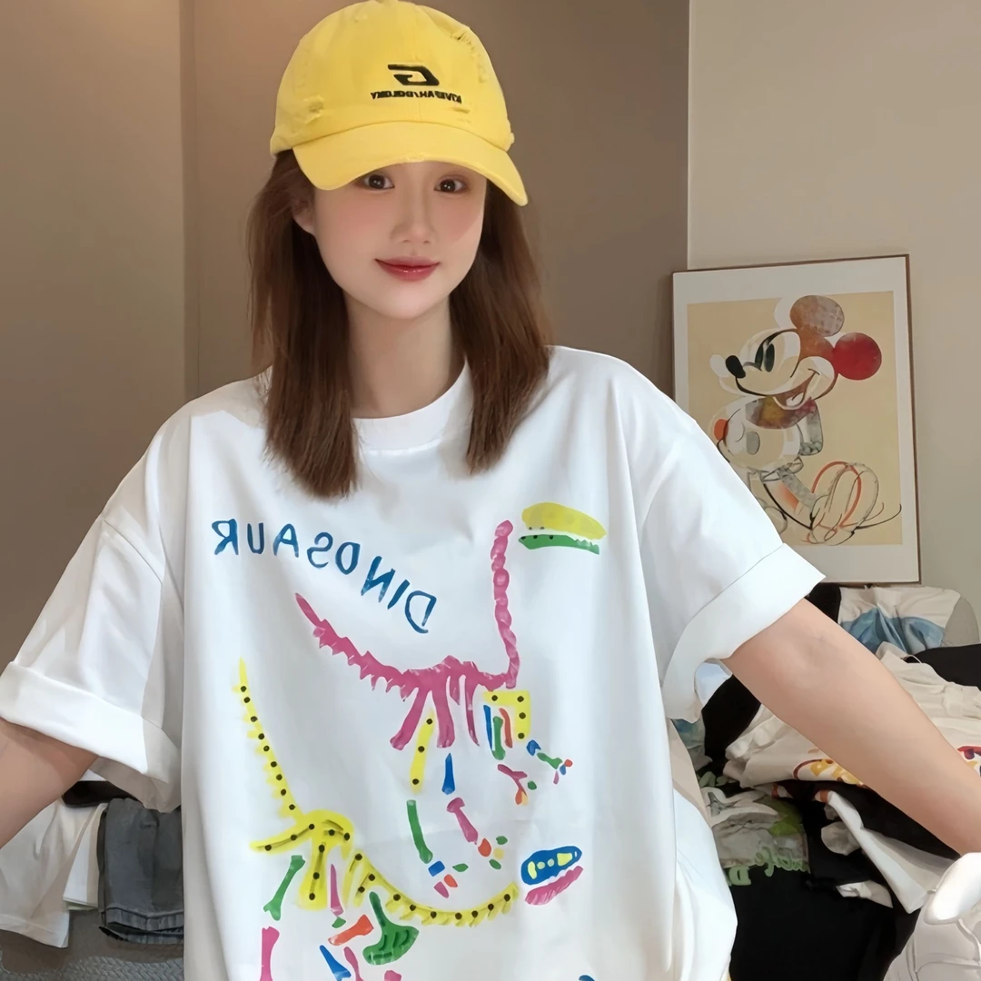【FANG方方】2024新款多巴胺恐龙彩色短袖T恤女夏季宽松百搭上衣