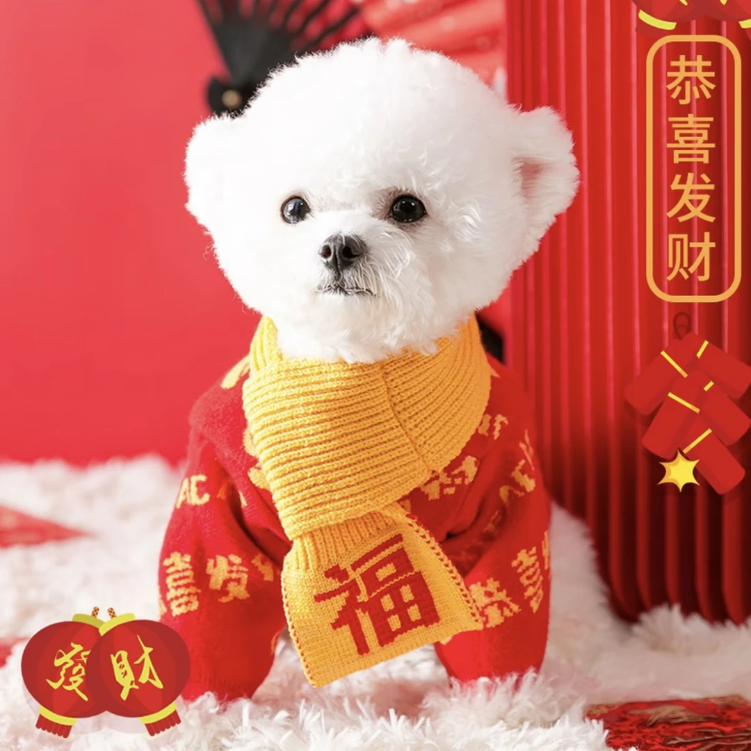 新春狗狗猫咪拜年福气服饰秋冬季保暖加厚带围巾毛衣宠物衣服