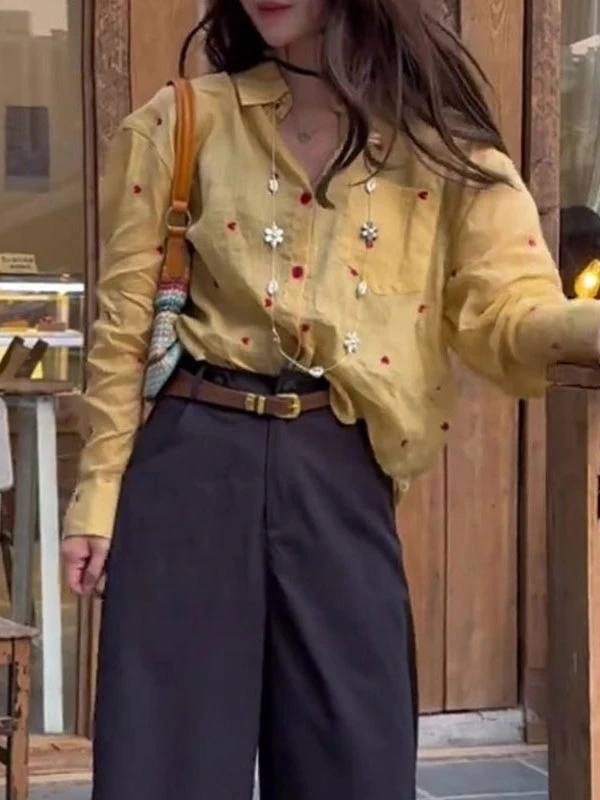 法式简约气质风黄色上衣2025夏季款Polo领单排扣慵懒长袖衬衫女潮