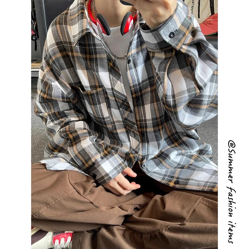 美式复古格子衬衫男秋季宽松慵懒风长袖衬衣ootd穿搭叠穿情侣外套