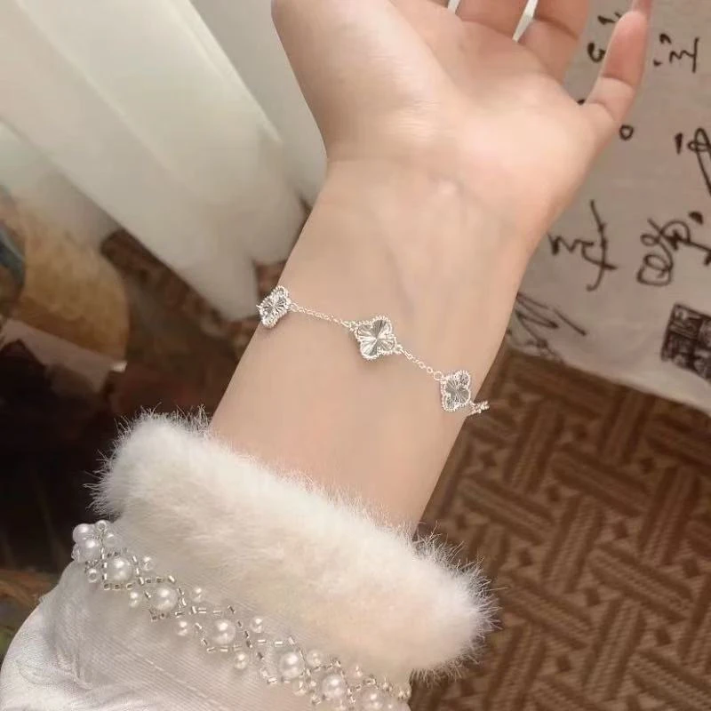 鹿怡 足银手链 双面车花四叶草镭射手链轻奢精致2025新款高级感