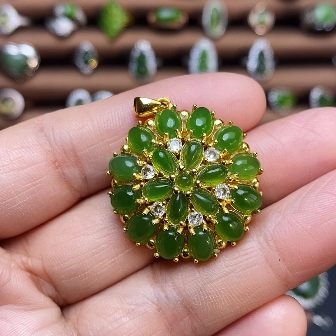 吊坠(不含链)银S925镶嵌和田玉（碧玉）