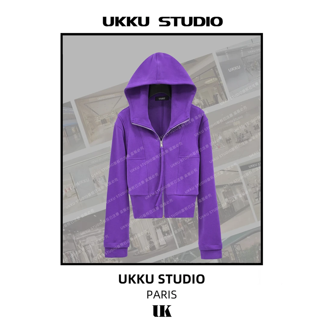 呦呦【UKKUSTUDIO】早秋网红修身玫红色气质显白重磅连帽卫衣512967