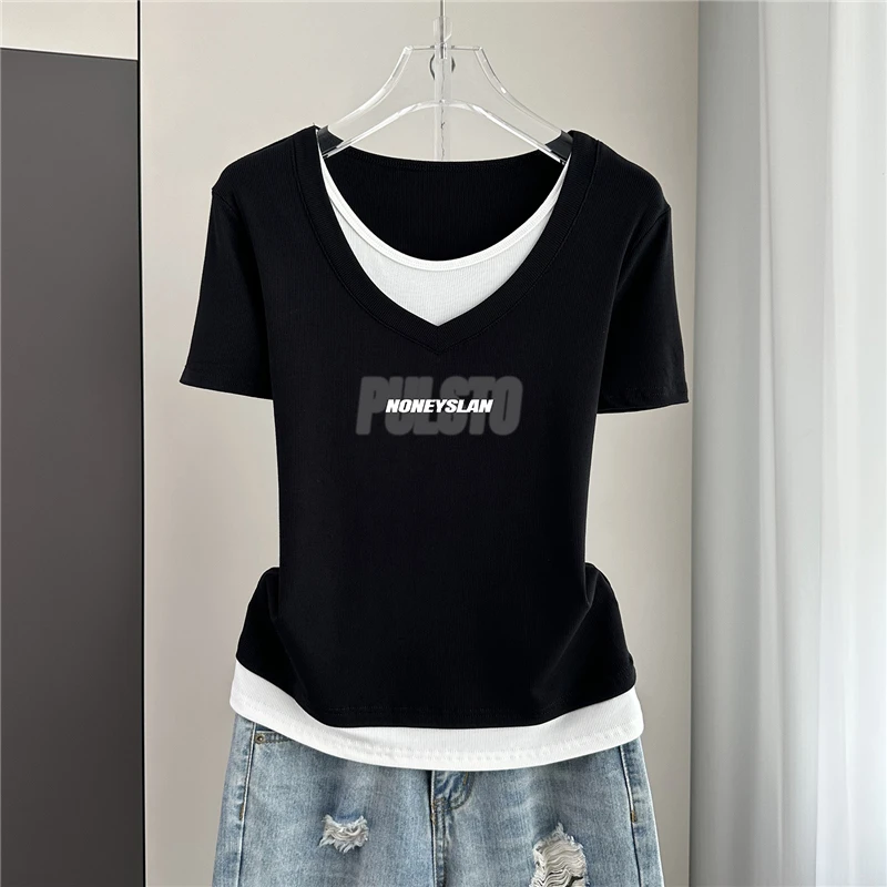 大码胖mm韩版简约假两件V领短袖T恤女夏季纯欲风辣妹修身显瘦上衣