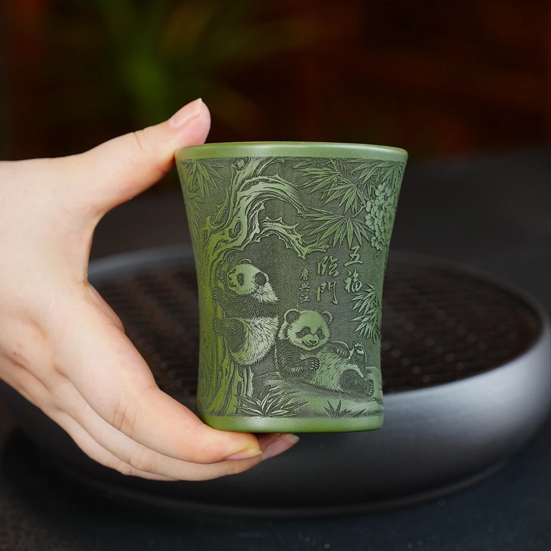 078宜兴原矿紫砂茶具 绿泥全手工刻绘熊猫五福临门紫砂品茗杯茶杯