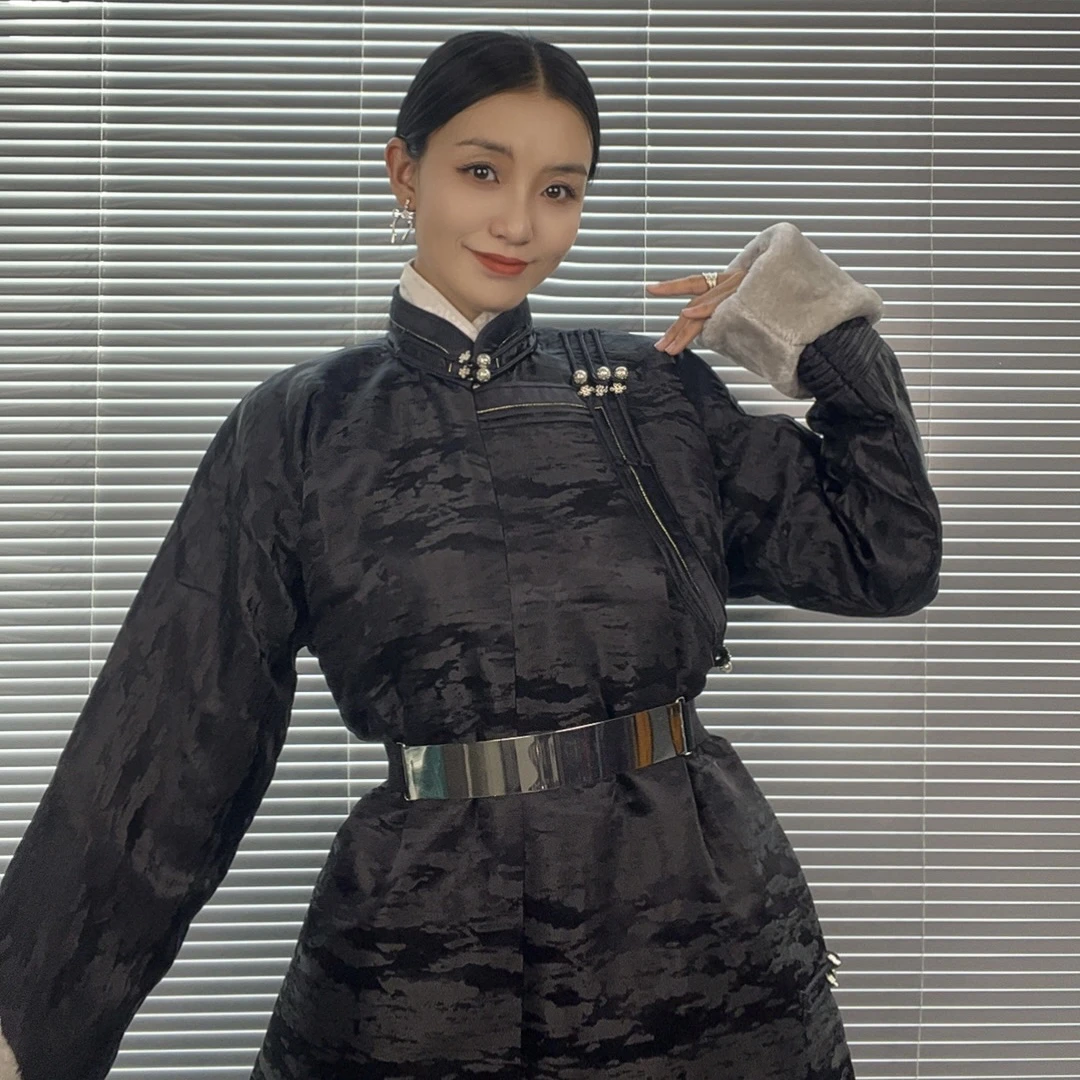 【丝棱锆】冬季加绒民族风女士传统长款蒙古袍