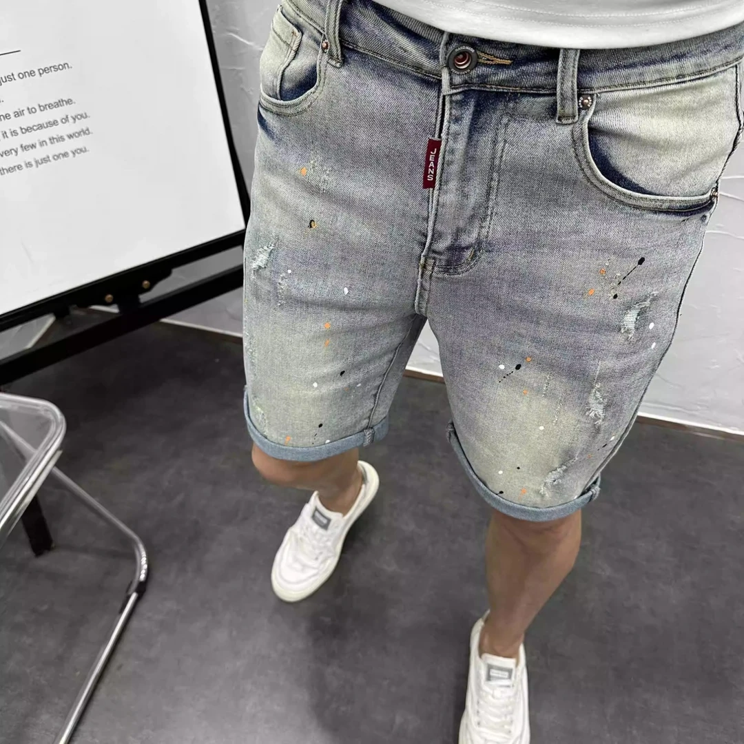 美式复古个性泼墨牛仔短裤男款夏季薄款宽松五分裤浅蓝色百搭中裤