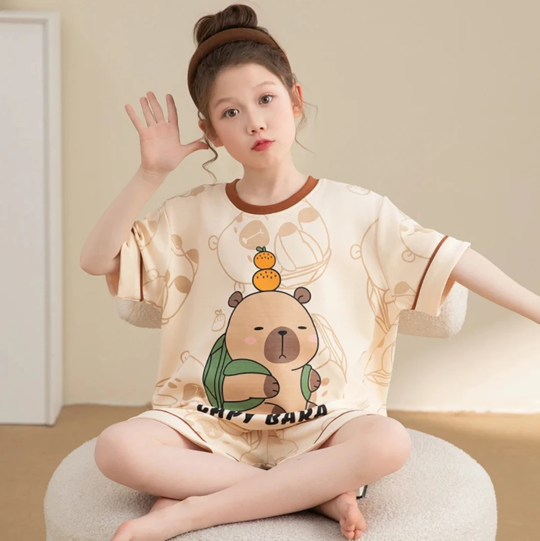 新款女童可爱卡皮巴拉短袖睡衣夏季可外穿宽松透气女孩中大童套装