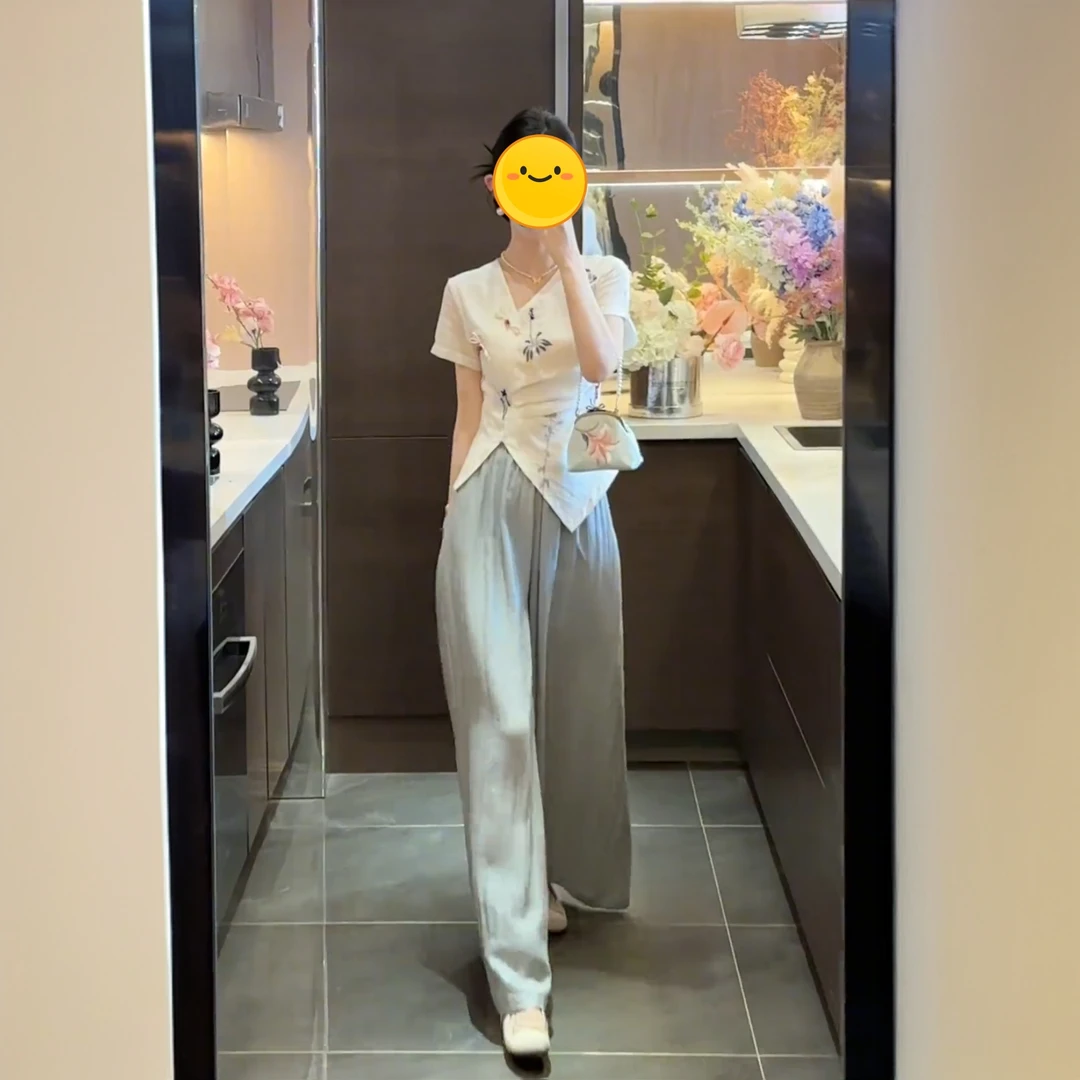 2025新中式斜襟V领收腰侧开叉设计感上衣高腰直筒阔腿裤两件套女