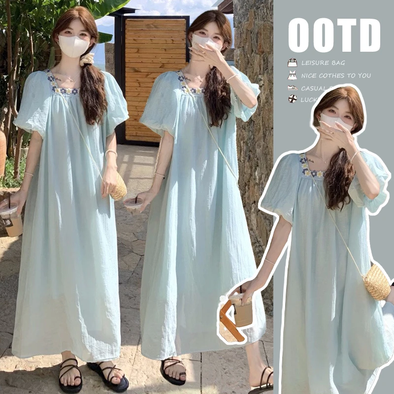 【哼哼专属】首批现货夏季新品2025孕妇连衣裙减龄方领显瘦泡泡袖