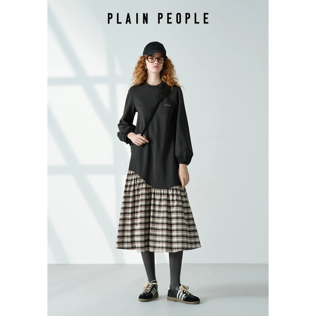 PLAIN PEOPLE复古学院风格纹撞色拼接卫衣连衣裙鱼尾裙25秋季款