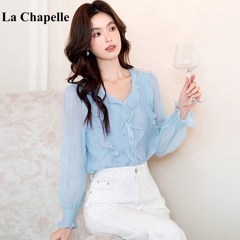拉夏贝尔法式荷叶边雪纺衬衫女秋季2025新漂亮小衫长袖设计感上衣