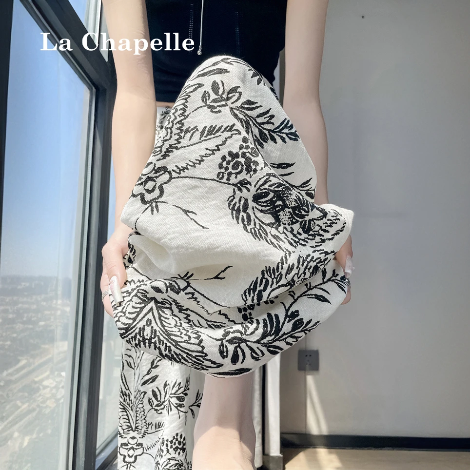 拉夏贝尔复古碎花亚麻西装阔腿裤女夏季显瘦慵懒冰丝宽松直筒裤子