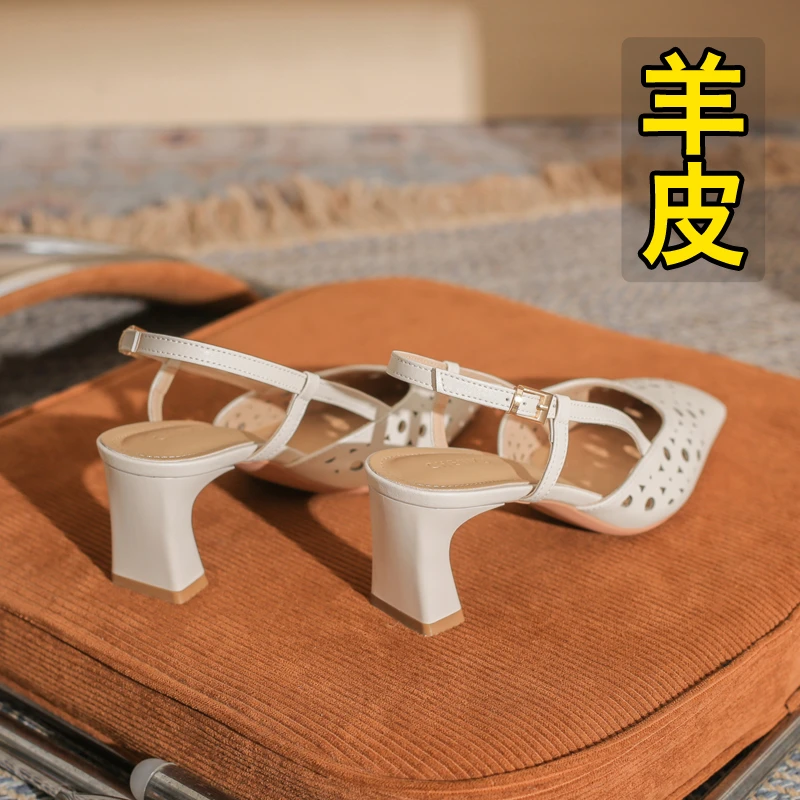 法式时装凉鞋女高跟2025新款夏季镂空方头女粗跟一字带单鞋女鞋