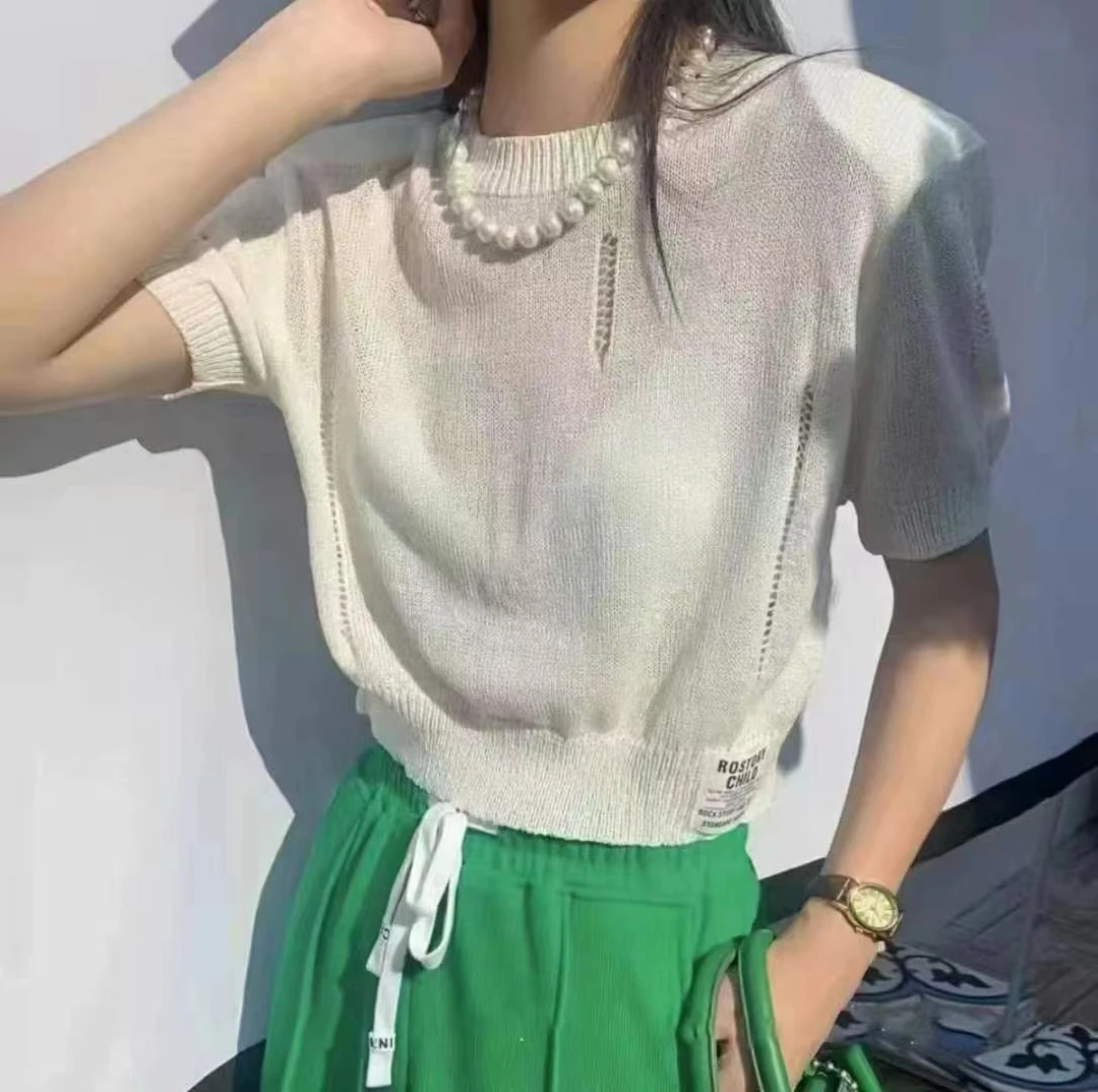 #不规则镂空 夏季新款女装薄款宽松百搭冰爽丝针织衫短袖 #m639