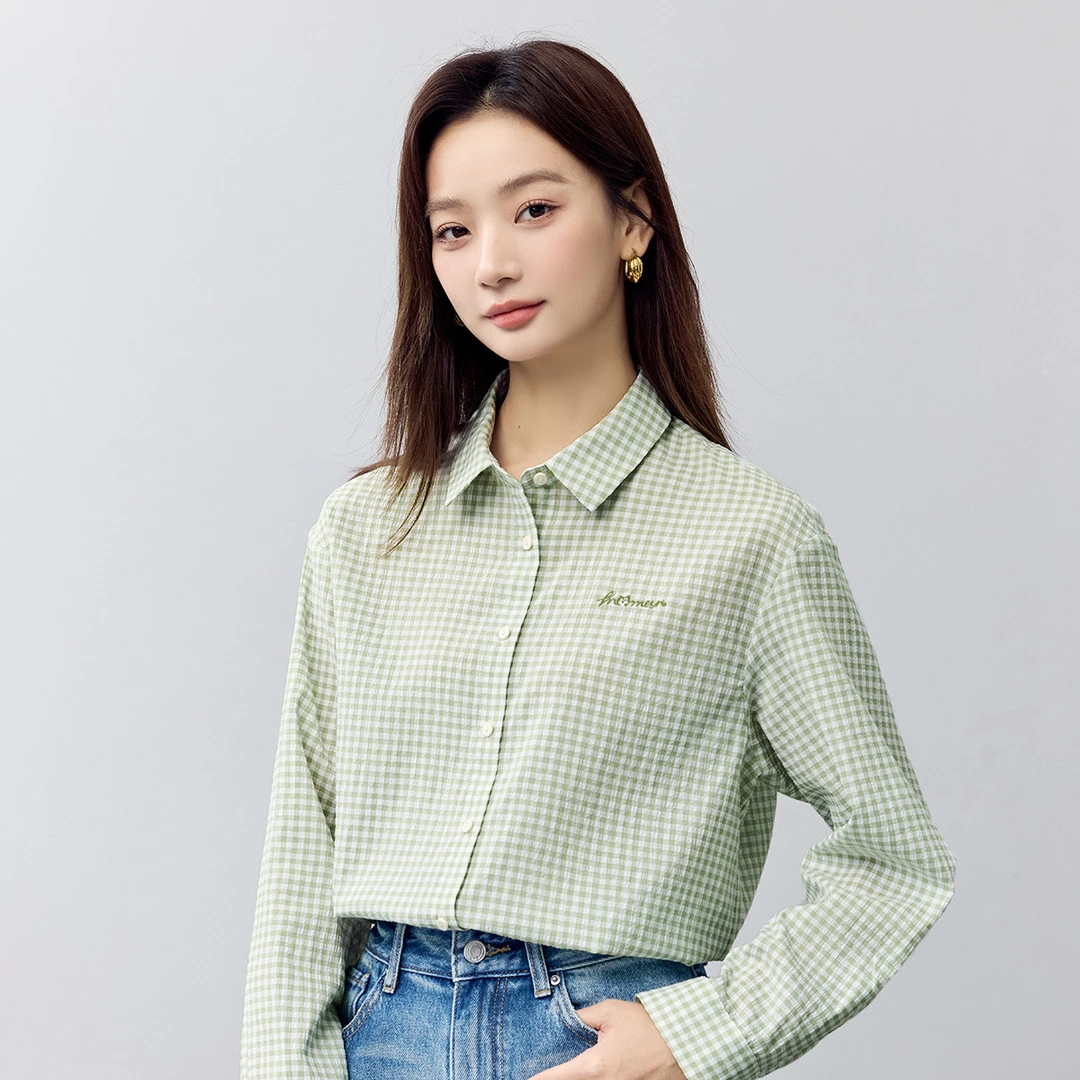【年货穿新衣】茵曼春季田园文艺格子衬衫复古时髦宽松百搭长袖衬衣