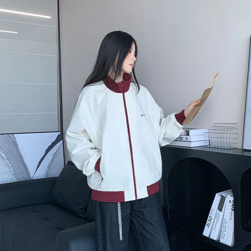 美式立领字母个性刺绣休闲情侣撞色拼接夹克春秋潮流运动风外套