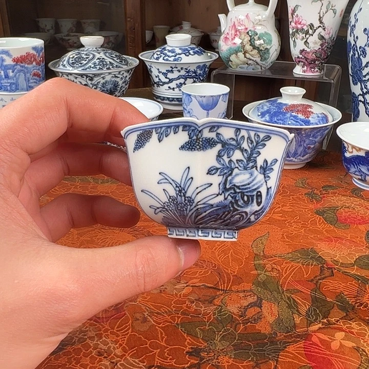 陶杯子元煦窑寿石水仙六方杯