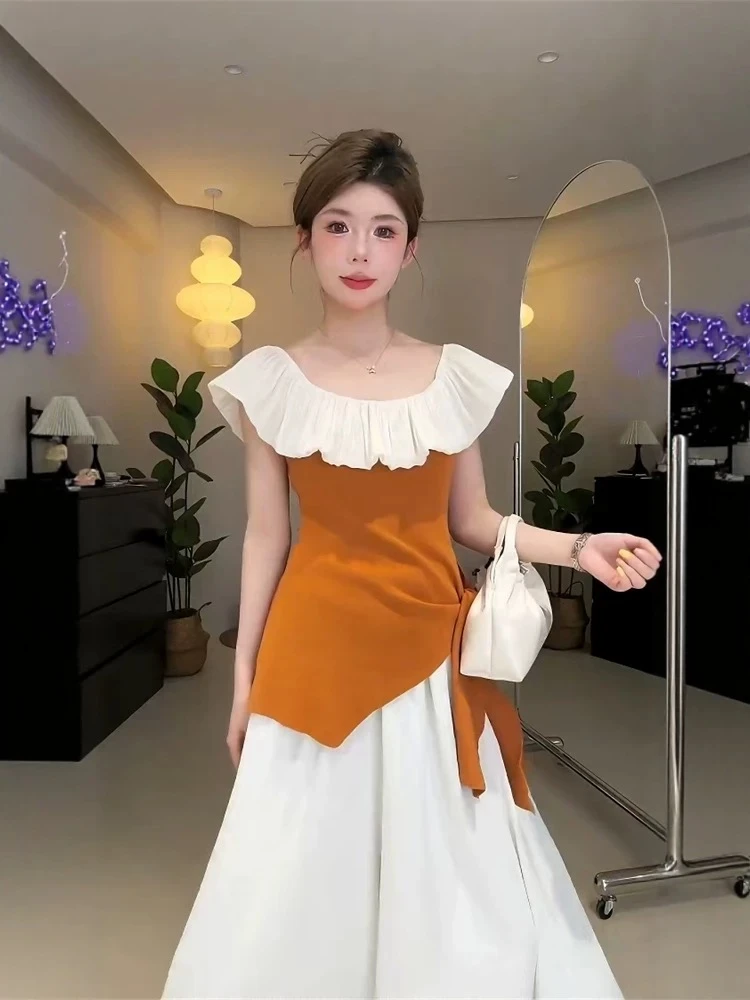 617#法式休闲风时尚套装温柔拼接小众长款时尚复古气质夏季