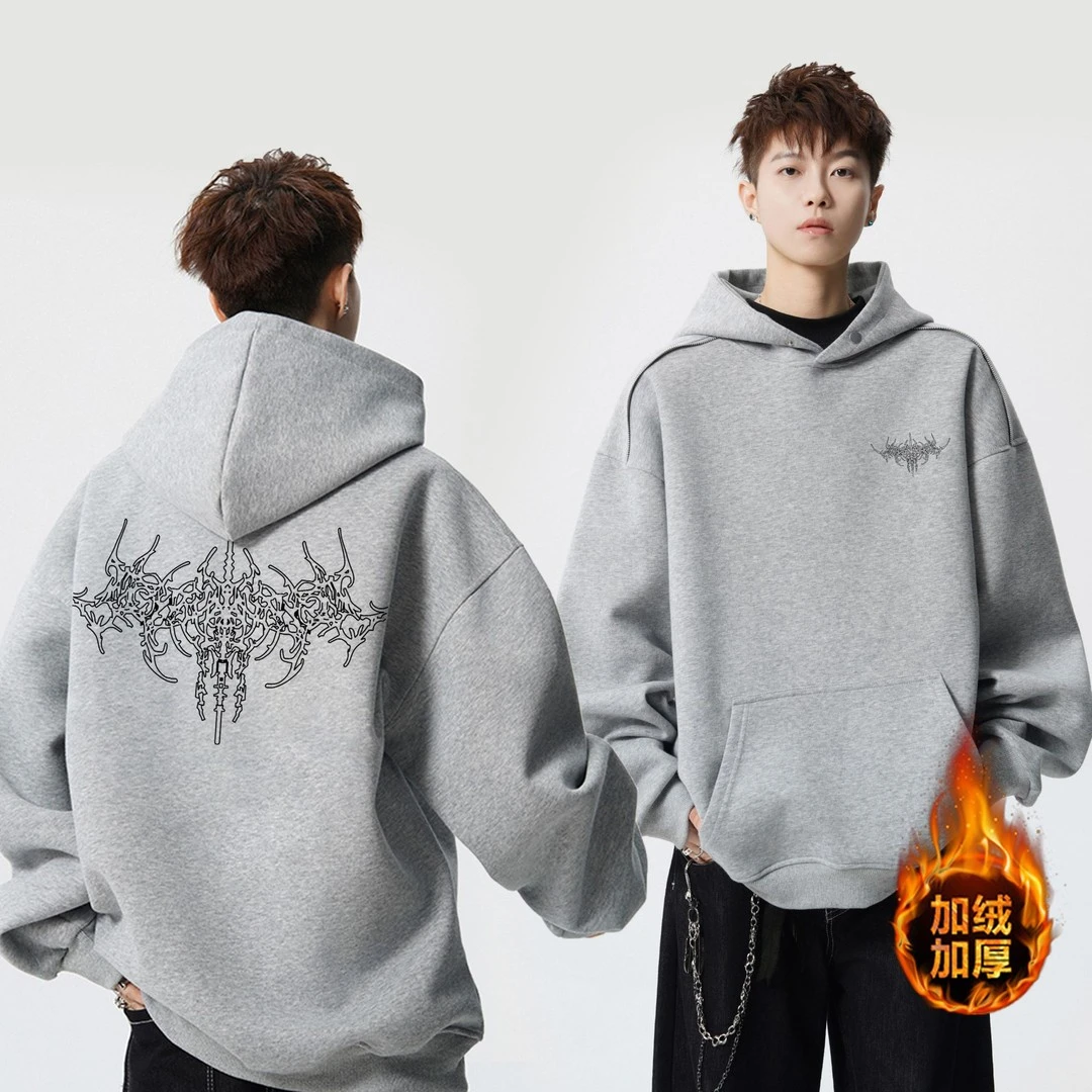 长袖连帽男士秋冬加厚卫衣保暖加厚秋冬男士卫衣宽松印花纽扣设计