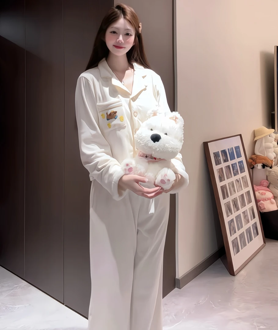（奶昔）秋冬季简约高级海岛绒气质睡衣女保暖家居服套装亲肤可外穿