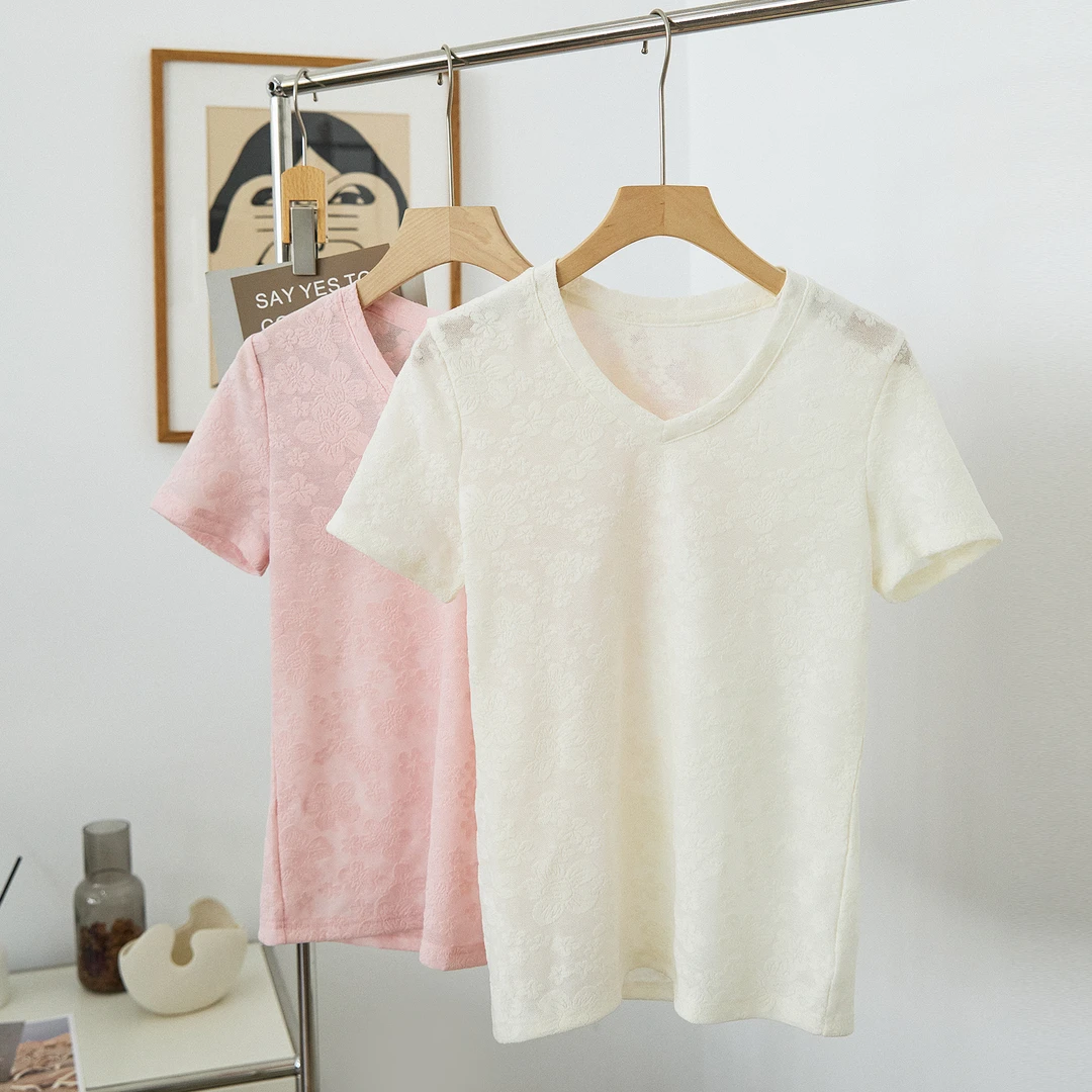 【清 -清-清】 蕾丝提花 夏款薄款 T恤女A3131