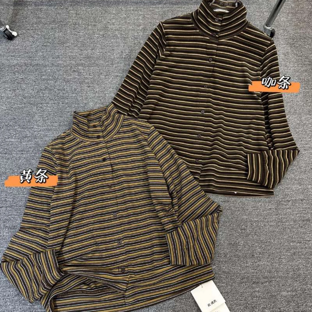 断码常规款长袖慵懒风条纹宽松高弹型T恤半高领保暖打底衫6238