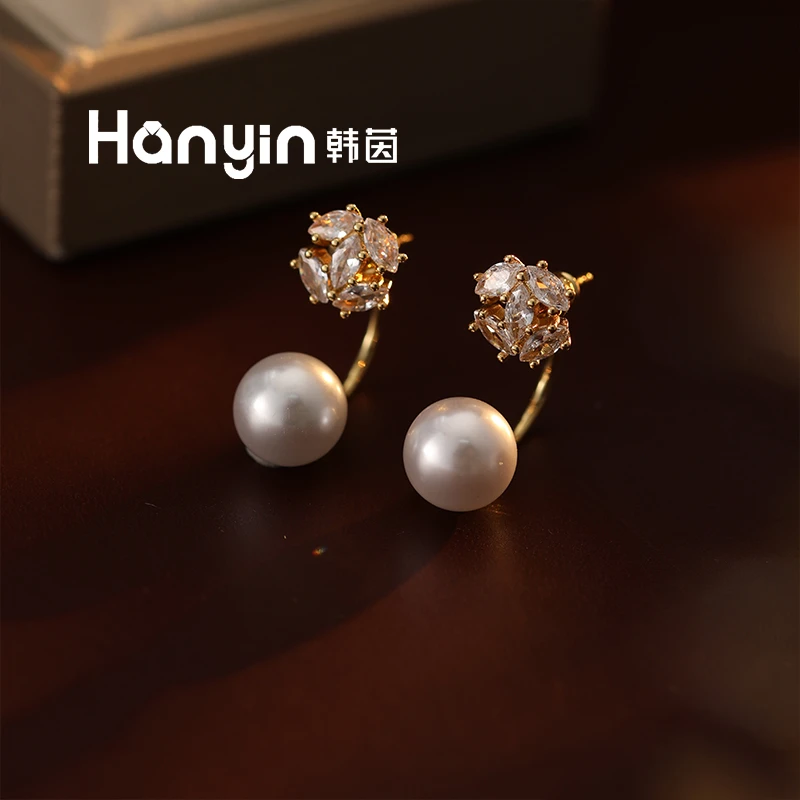 铜合金仿珍珠耳饰 925银针 精致10mm珠珠小香风双C前后戴耳钉AAA