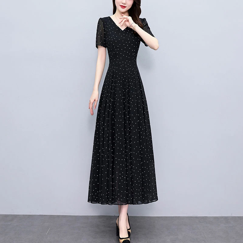 2025夏季新款波点雪纺碎花连衣裙大码女装胖收腰显瘦遮肚中长裙