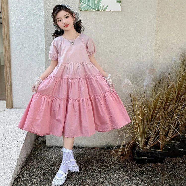 夏季女童连衣裙短袖棉布裙洋气时髦渐变色裙子2025新款中大童长裙
