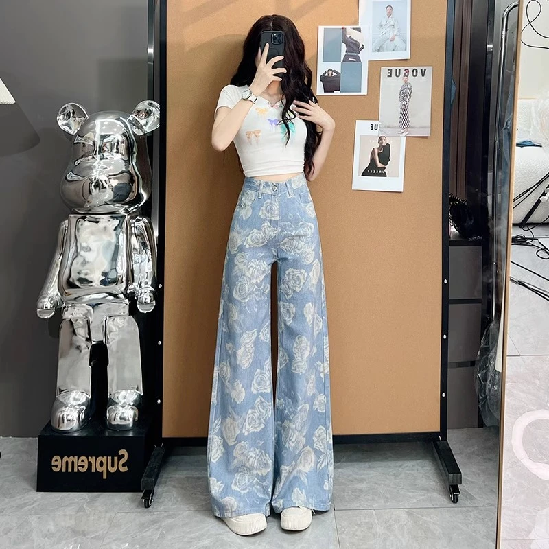 女薄款印花长裤夏季直筒裤牛仔裤裤子设计感显瘦