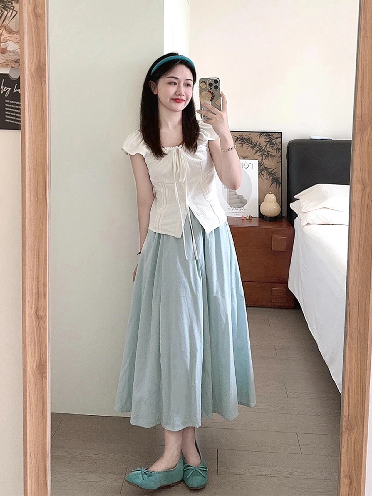 2025夏季新款小个子盐系气质穿搭白色系带衬衫高腰半身裙两件套女