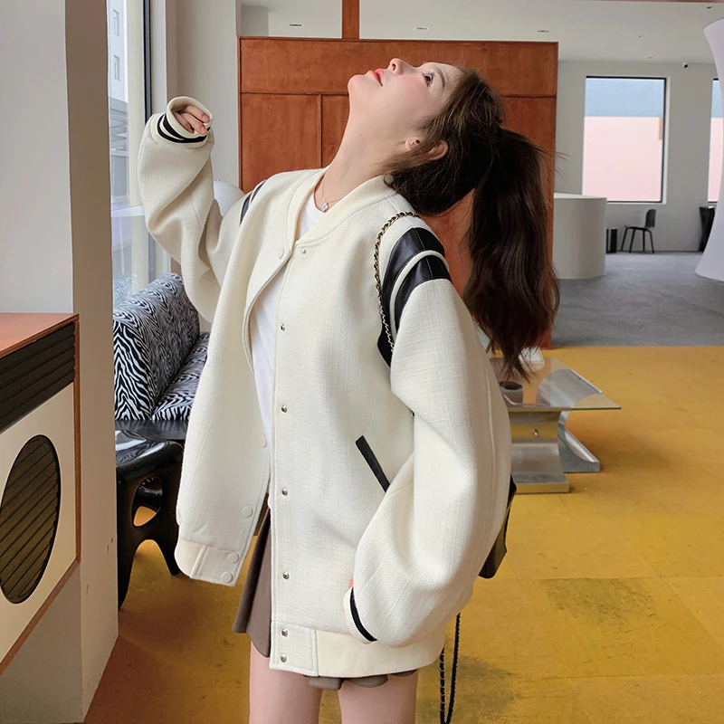 美式白色棒球服女夹克外套春2025新款早春季爆款高级感韩系上衣
