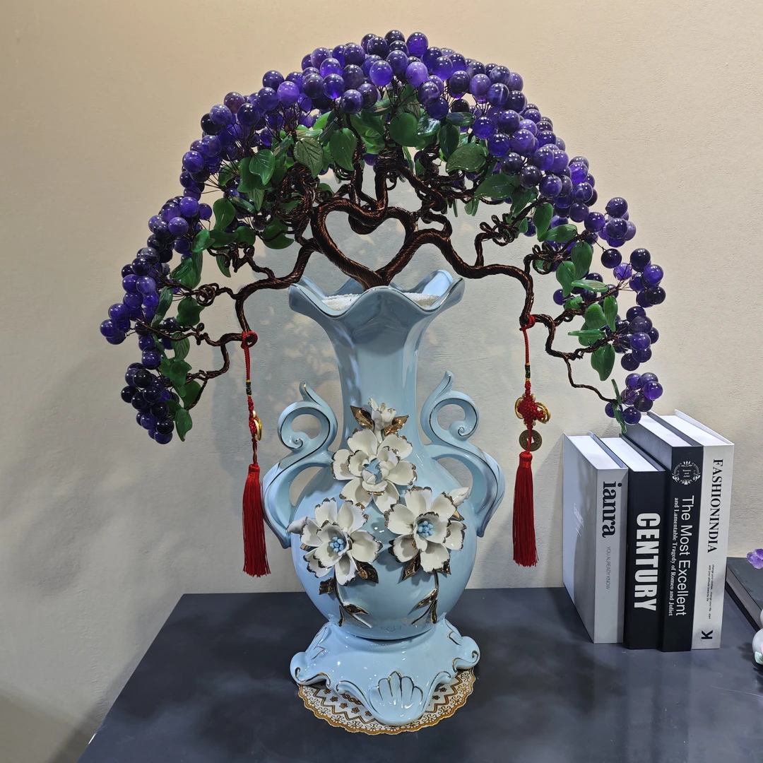 【卓越轻奢原创】左右逢源紫水晶树摆件迎客松陶瓷纯手工点缀精美